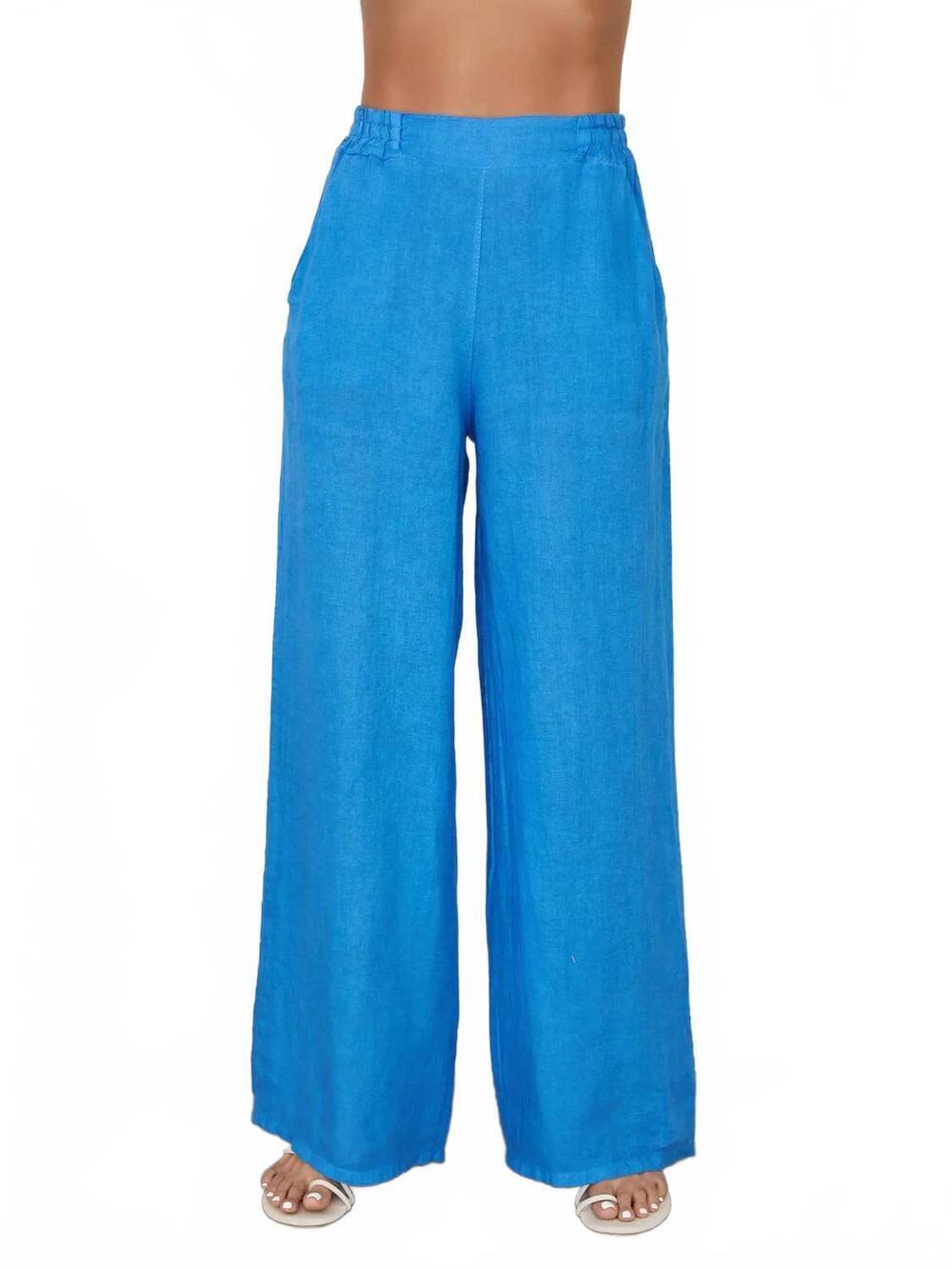 NEW MILIO MILANO linen flat front elastic waist wide leg pants in blue